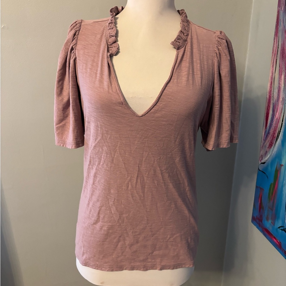 Nation Los Angeles womens M V neck ruffle bell short sleeve shirt Pima cotton
